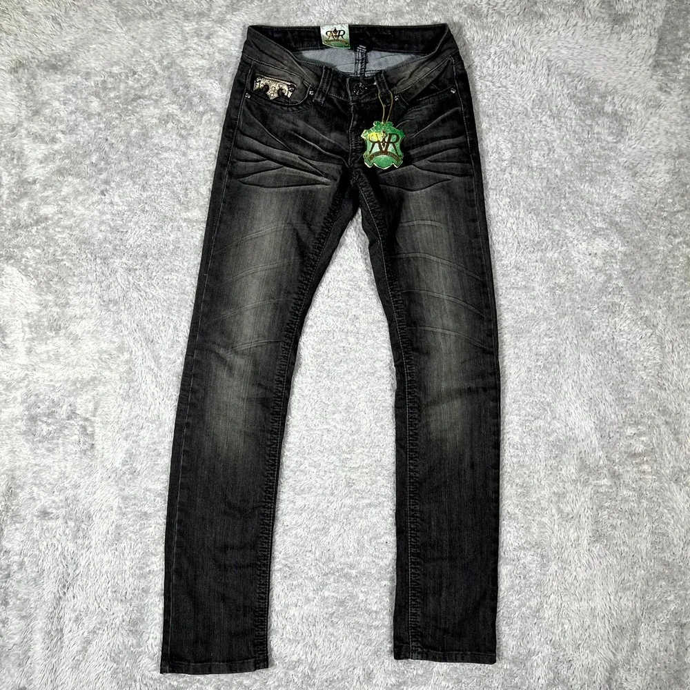 Request Jeans Womens 1X25 Black Denim Cotton Stretch Rhinestone Straight Leg